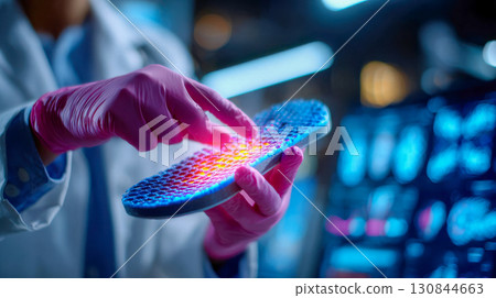 A scientist in pink gloves examines a glowing, futuristic shoe insole with vibrant blue and pink lights A scientist in pink gloves examines a glowing, futuristic shoe insole with vibrant blue and pink lights 130844663