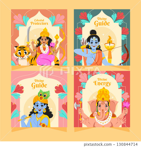 Flat and Colorful Hindu Gods and Deities Card Squares Collection 130844714