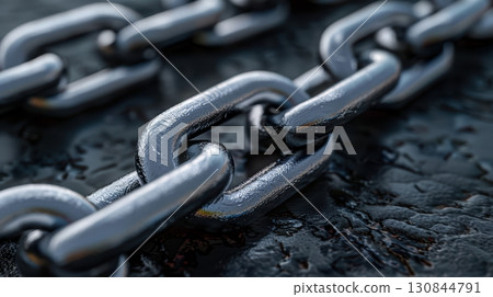 Close-Up View of Shiny Metal Chain Links on Black Surface 130844791