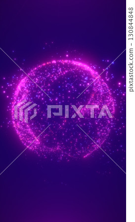 Abstract glowing purple sphere made of particles on dark background, symbolizing data, energy, and cosmos 130844848