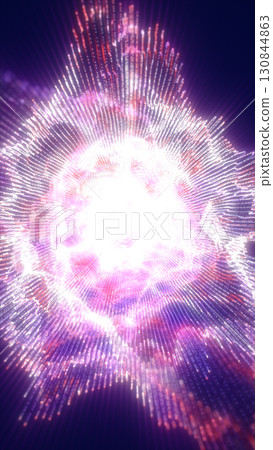 Radiating burst of light particles forming a glowing energy field with a sense of cosmic explosion and movement 130844863