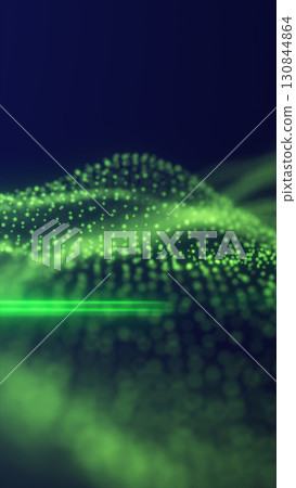 Glowing green particles forming a flowing wave-like structure in a dark, dreamy digital space 130844864