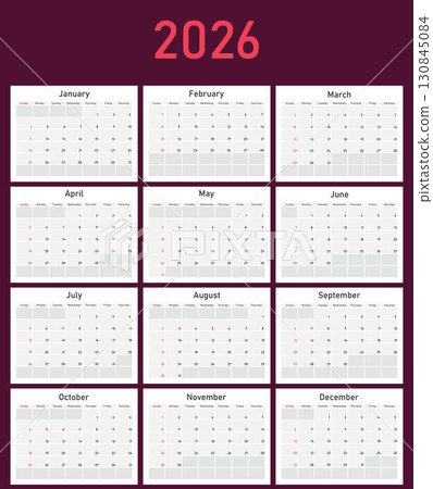 Minimalist 2026 Calendar Design Featuring Monthly Layout on Dark Background. 130845084