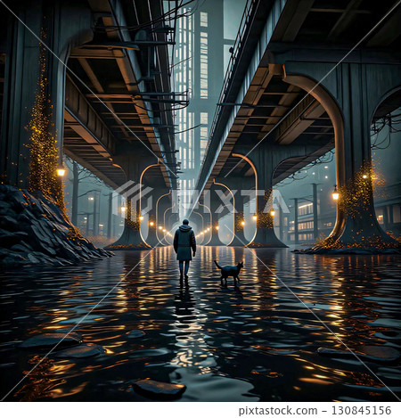 Lone figure and a cat traverse a flooded industrial district. A solitary figure and a cat navigate a flooded and atmospheric urban setting.  130845156