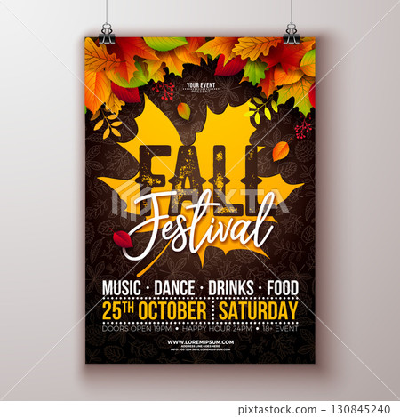 Autumn Fall Festival Party Flyer Illustration with Falling Leaves and Typography Lettering on Hand Drawn Doodle Background. Vector Colorful Autumnal Design for Celebration Flyer, Banner, Invitation or 130845240