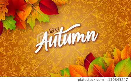 Autumn Banner Illustration with Falling Leaves and Typography Lettering on Yellow Hand Drawn Doodles Background. Colorful Autumnal Vector Design for Greeting Card, Party Flyer, Invitation, Brochure or 130845247
