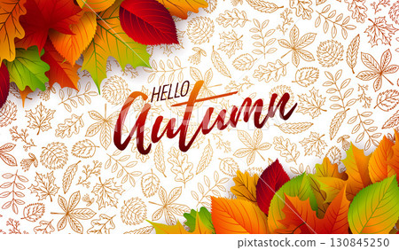 Autumn Banner Illustration with Falling Leaves and Typography Lettering on White Hand Drawn Doodles Background. Colorful Autumnal Vector Design for Greeting Card, Party Flyer, Invitation, Brochure or 130845250