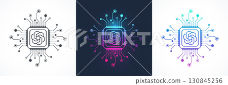 GPT icon, sign, logo in the circuit line style. AI chat bot processor vector icon design. GPT motherboard digital chip for poster, banner, header, website, landing page presentation template. 130845256