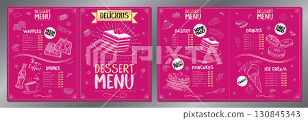 Classic, pink dessert menu card - letter format x2 (8,5 x 11 inches x2) - vector illustration 130845343