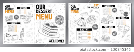 Simple dessert menu card - letter format x2 (8,5 x 11 inches x2) - vector illustration Simple dessert menu card - letter format x2 (8,5 x 11 inches x2) - vector illustration 130845345
