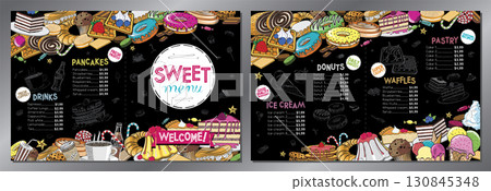 Dessert menu card with colorful hand-drawn food - letter format x2 (8,5 x 11 inches x2) - vector illustration 130845348