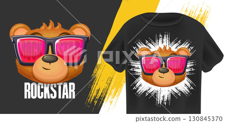 Rockstar teddy bear vector illustration, cool animal character with sunglasses and bold typography, creative design for t-shirts, apparel, merchandise, street style, brand, stickers, and labels 130845370