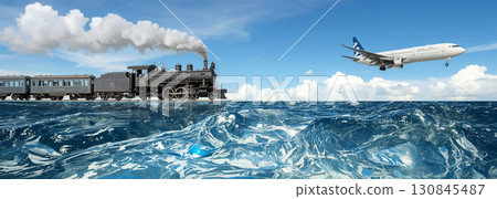 airplane flying over sea 130845487