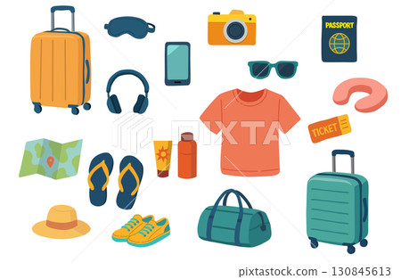 Travel essentials vector illustration (simple flat) 130845613
