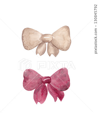 Red and beige bows. Festive accessories for your design. Watercolor elements 130845792