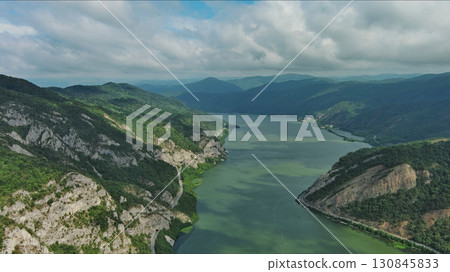 Aerial view on Danube river and mountains 130845833