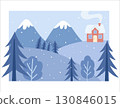 Winter Mountain Landscape with Snowy Forest and Cozy Red House Illustration 130846015