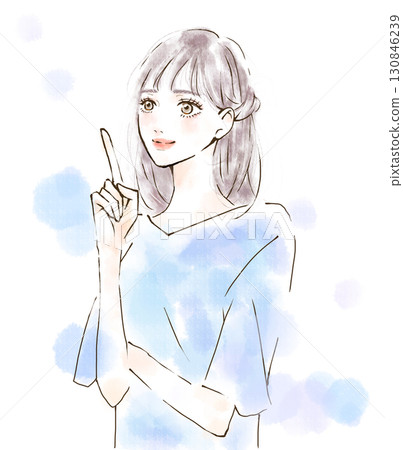 Illustration of a woman with a positive expression, blue-based watercolor style 130846239
