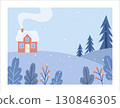Winter Snowy House Landscape with Trees and Falling Snow Illustration 130846305