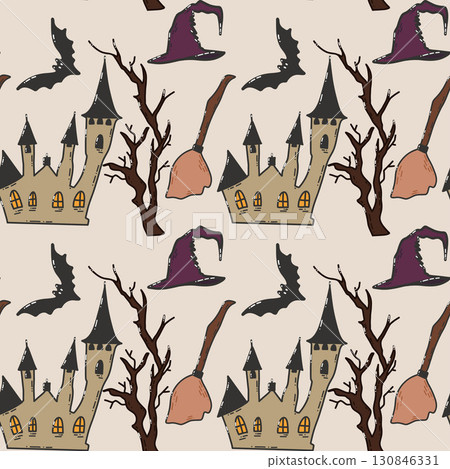 Seamless Halloween Pattern Featuring Haunted Castles, Witch Hats, and Bats 130846331