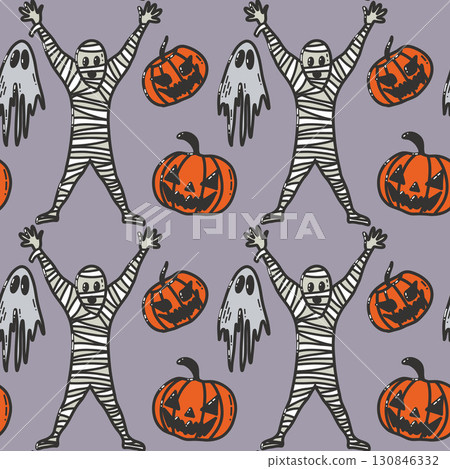 Halloween Pattern Featuring Pumpkins, Ghosts, and Mummies with Purple Background 130846332