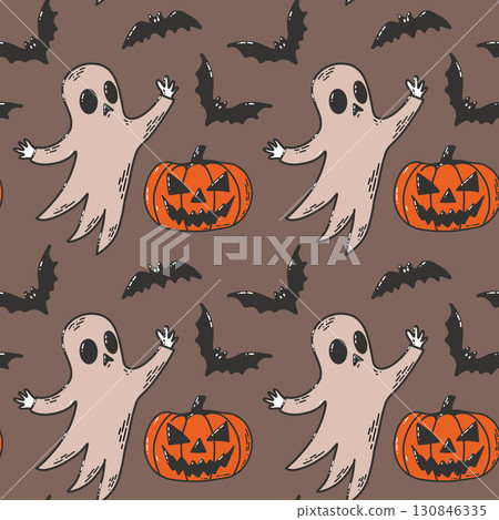 Seamless Halloween Pattern Featuring Ghosts, Pumpkins, and Flying Bats on Brown Background 130846335