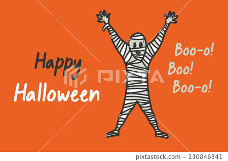 Happy Halloween Greeting with Fun Cartoon Mummy Character Artwork 130846341