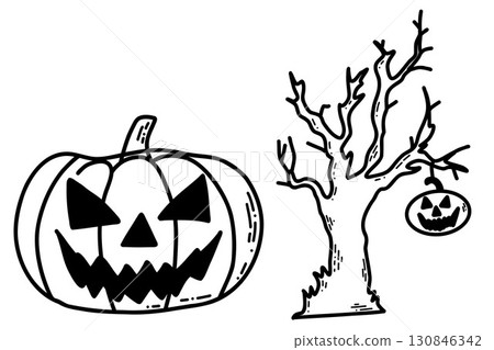 Halloween Illustration Featuring Jack-oLanterns and a Haunting Bare Tree 130846342