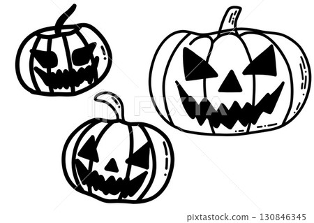 Black and White Illustration of Jack Lantern Faces for Halloween Decor 130846345