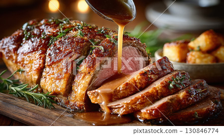 Roast beef with gravy being poured over slices, garnished with herbs, and served with crispy potatoes Roast beef with gravy being poured over slices, garnished with herbs, and served with crispy potatoes 130846774
