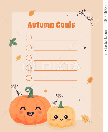 Autumn goals list with cute pumpkins and fall leaves on beige background template. Autumn goals list with cute pumpkins and fall leaves on beige background template. 130846782
