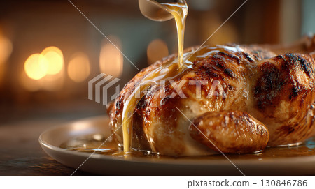 Roasted chicken with golden brown skin being drizzled with gravy, creating warm and appetizing scene 130846786