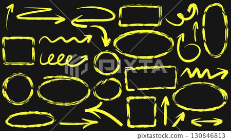 Set of bright yellow neon marker strokes, arrows and highlighters Set of bright yellow neon marker strokes, arrows and highlighters 130846813