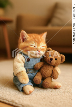 棕色虎斑小貓抱著一隻泰迪熊 棕色虎斑小貓抱著一隻泰迪熊 130846912