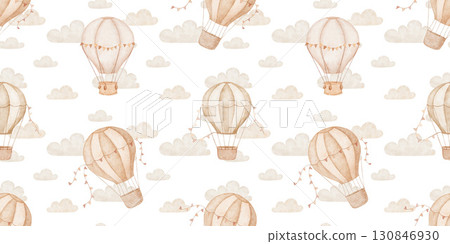 Seamless watercolor background with hot air balloons in clouds, hand drawn repeating illustrations on white background Seamless watercolor background with hot air balloons in clouds, hand drawn repeating illustrations on white background 130846930