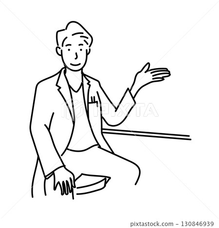 Stock Illustration: Line drawing illustration of a male doctor in a white coat raising his hand to explain Stock Illustration: Line drawing illustration of a male doctor in a white coat raising his hand to explain 130846939