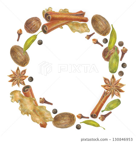 Hand drawn illustration frame with spices for graphic design. Ginger root, cinnamon, star anise, carnation, allspice, сardamom, nutmeg. Hand drawn colored pencil illustration on white background. Hand drawn illustration frame with spices for graphic design. Ginger root, cinnamon, star anise, carnation, allspice, сardamom, nutmeg. Hand drawn colored pencil illustration on white background. 130846953