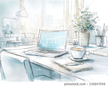 Watercolor office desk background illustration set: laptop, documents, coffee, and business materials 130847056