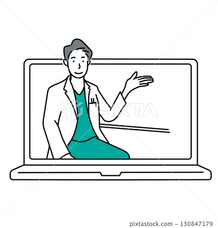 圖庫插圖: 一位穿白大褂的男醫生在筆記型電腦螢幕上講解線上醫療諮詢 130847179