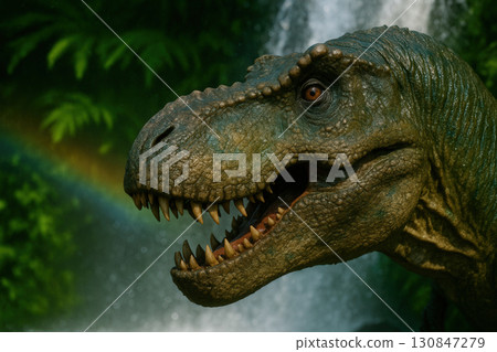 Tyrannosaurus Rex Roaring By Jungle Waterfall With Rainbow Mist 130847279