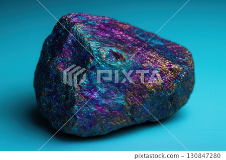 Peacock Ore Mineral With Iridescent Blues And Purples On Cyan Background 130847280