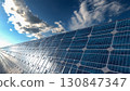 Solar panel background of photovoltaic modules for renewable energy. Clouds and blue sky in mirror. Alternative electricity source. 3d rendering. 3d illustration 130847347