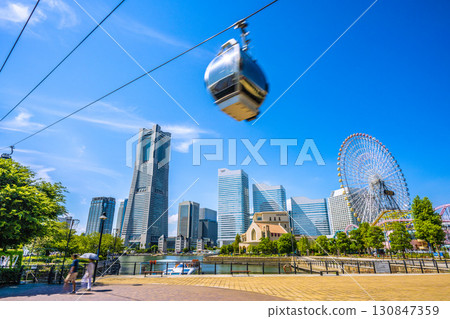 Yokohama cityscape in Japan...View of the ropeway and Yokohama Landmark Tower from Canal Park Station and Canal Park 130847359