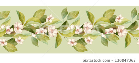 Hand-drawn illustration of a seamless horizontal border featuring delicate white blossoms and lush green leaves on a soft background. This elegant design is perfect for wedding stationery and spring 130847362