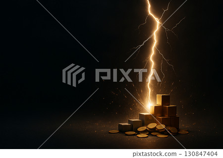 The moment when lightning strikes a gold bar | Image of impact and opportunity symbolizing investment, finance, and asset management 130847404