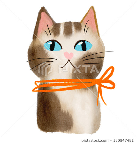 cute cat with orange ribbon on neck, hand drawn in watercolor style 130847491