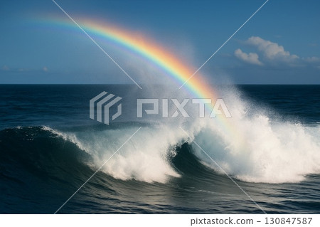 波濤洶湧的彩虹,海上美麗的景色 波濤洶湧的彩虹,海上美麗的景色 130847587