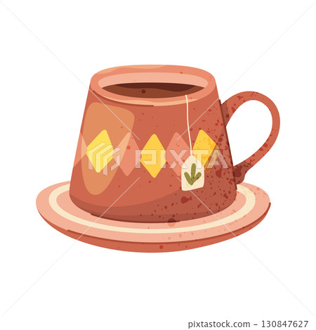 Hot tea drink in mug or cup. Vector isolated warm morning beverage with fragrant herb. Black or green brew for cafe or home. Relaxing and pause, break element. Seasonal, winter and autumn liquid. Hot tea drink in mug or cup. Vector isolated warm morning beverage with fragrant herb. Black or green brew for cafe or home. Relaxing and pause, break element. Seasonal, winter and autumn liquid. 130847627