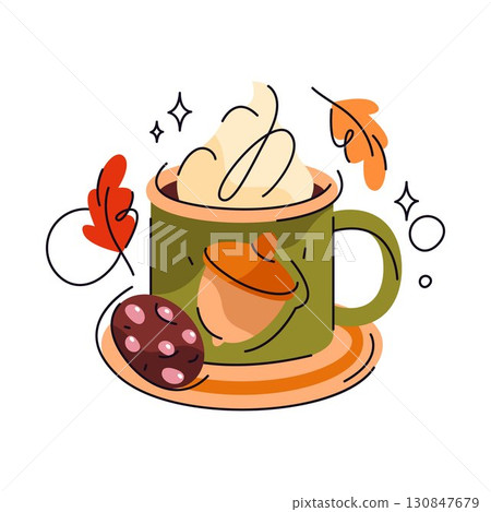 Coffee cup and cookie, autumn leaves. Vector hot drink with treat or warm beverage with dessert pastry. Fall fragrant latte or espresso, cappuccino. Mug with tea for morning break. Cafe menu icon. 130847679