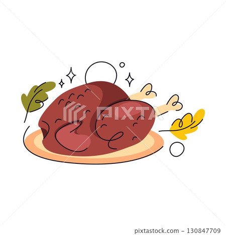 Baked turkey for thanksgiving. Vector autumn dish with leaves. Culinary for fall holiday or festive event, family gathering. Seasonal poultry food for feast. Roasty menu, recipe element. Kitchen meal. Baked turkey for thanksgiving. Vector autumn dish with leaves. Culinary for fall holiday or festive event, family gathering. Seasonal poultry food for feast. Roasty menu, recipe element. Kitchen meal. 130847709